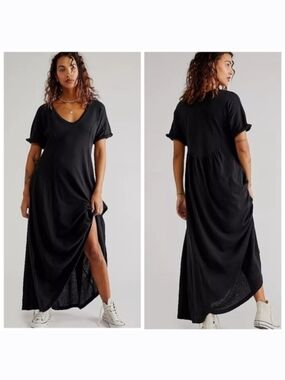 NWT MSRP $88 Free People Black Short Sleeve V-Neck Maxi Dress